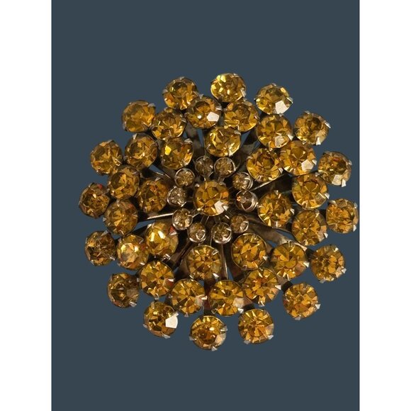 Vintage Coro Topaz Colored Domed Brooch With Rhinestones & Gold-Tone Finish - Picture 2 of 6